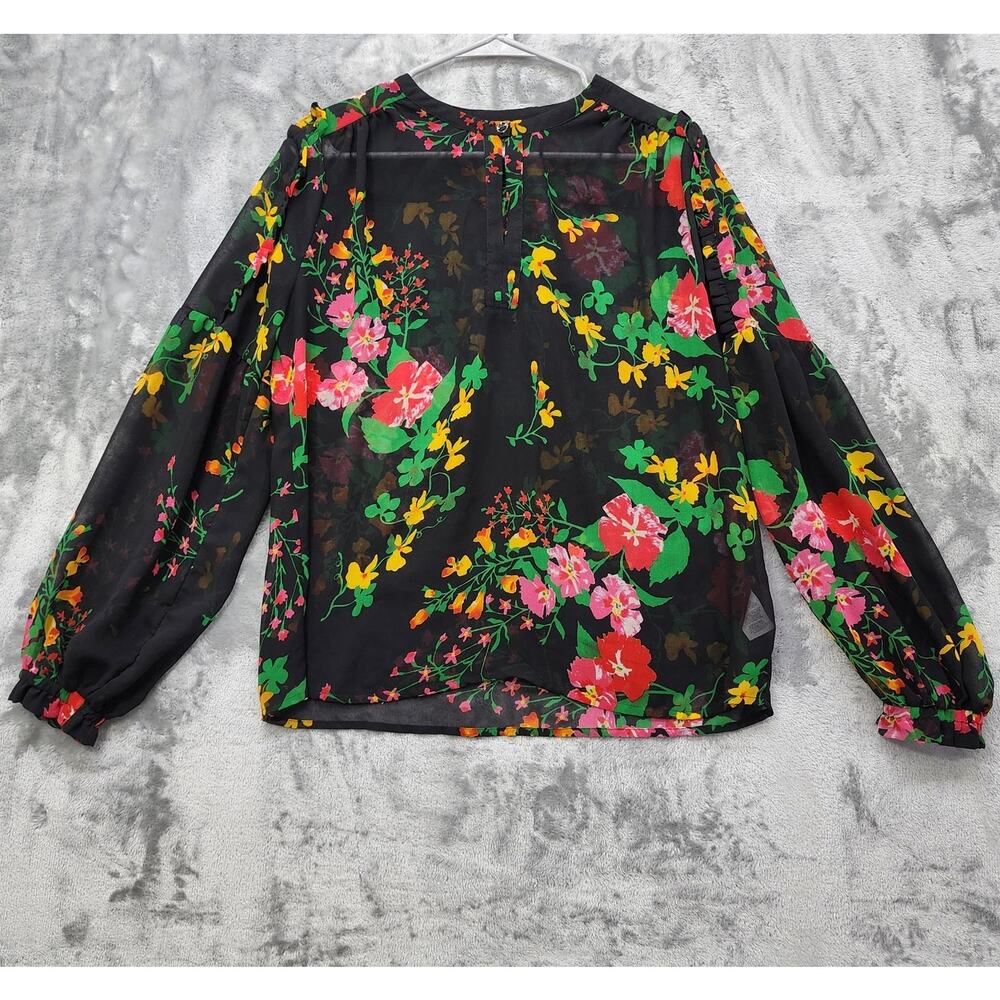 Cabi Top Womens S Black Floral Sheer Chiffon Thespian Ruffle Long Balloon Sleeve